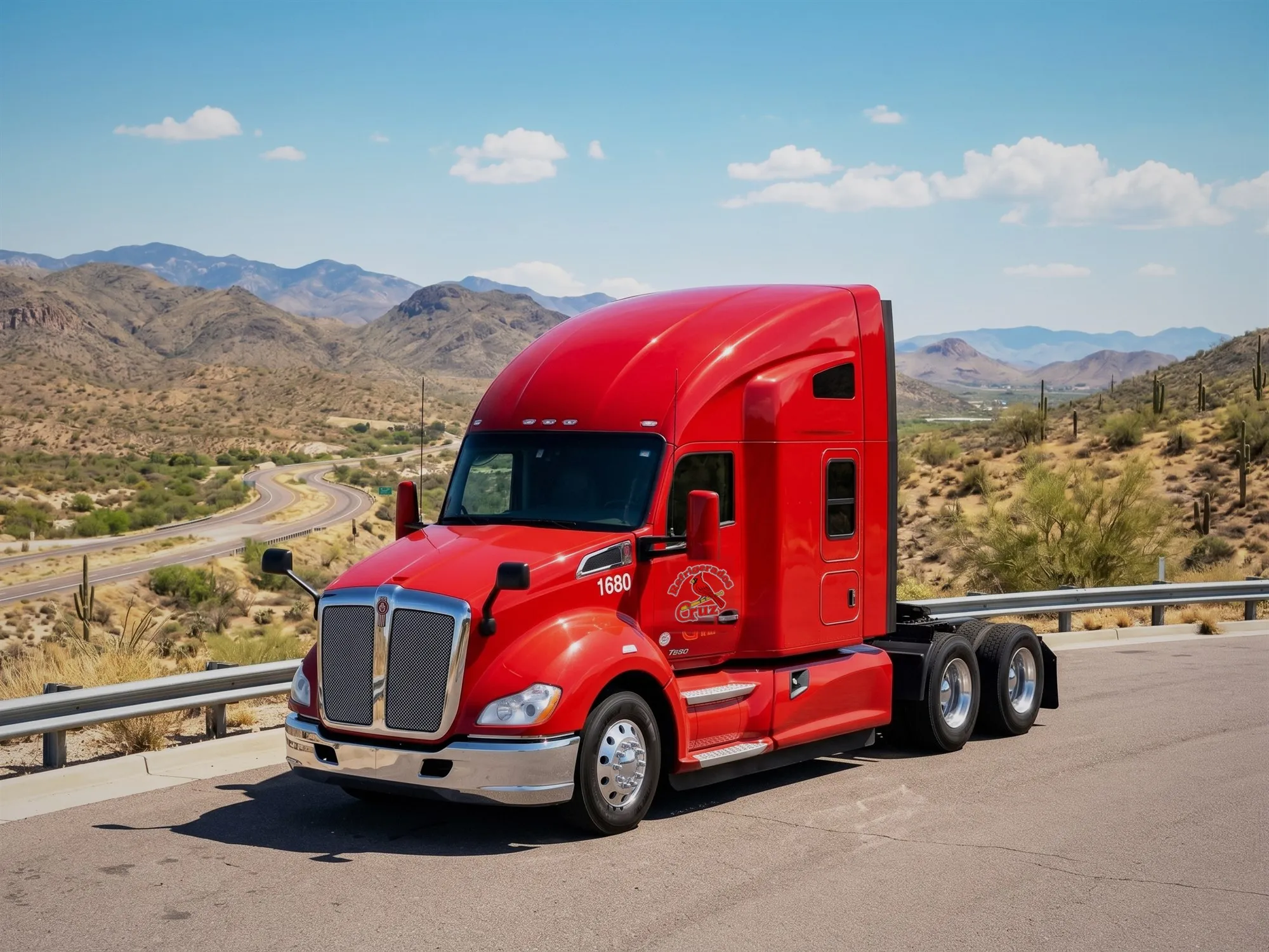 Tractocamión Kenworth rojo de Refrigerados Cruz con el rotulado del cardenal, en carretera de montaña